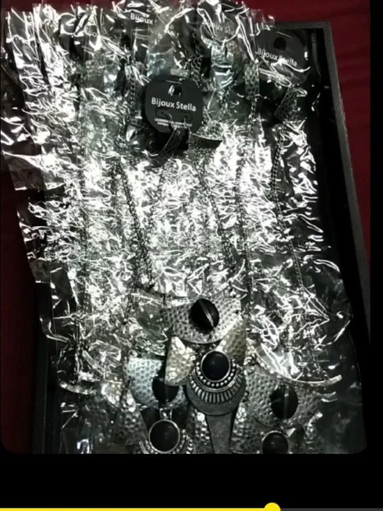 Bijoux Stella Silver Black Hammer Statement Layered Necklace Earring SET NEW - Picture 8 of 16